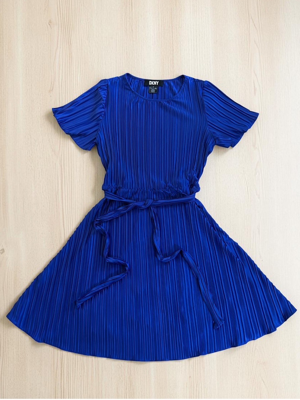 DKNY Cobalt Blue Pleated Midi Dress Flutter Sleeves Size 6